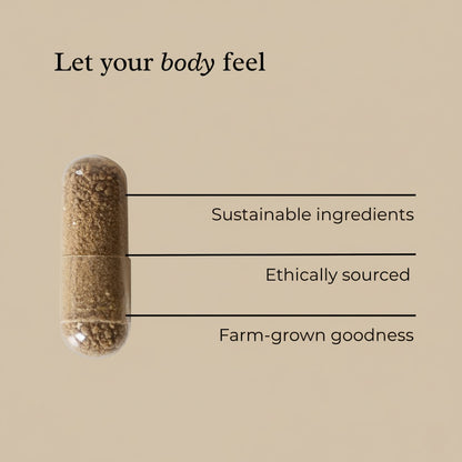 Capsule with natural ingredients on a beige background with text about sustainability and ethics.