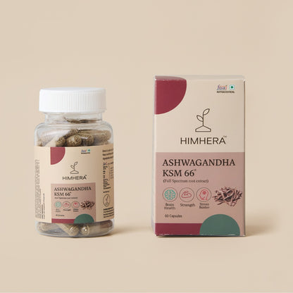 Himhera Ashwagandha KSM 66 supplement bottle and packaging on a beige background