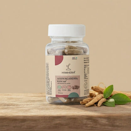 Bottle of Himhera Ashwagandha KSM-66 on a wooden surface with a beige background