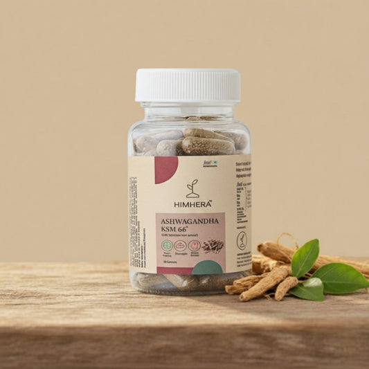 Bottle of Himhera Ashwagandha KSM-66 on a wooden surface with a beige background
