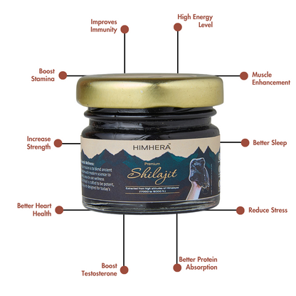 Jar of Himhera Shilajit with labeled benefits on a white background