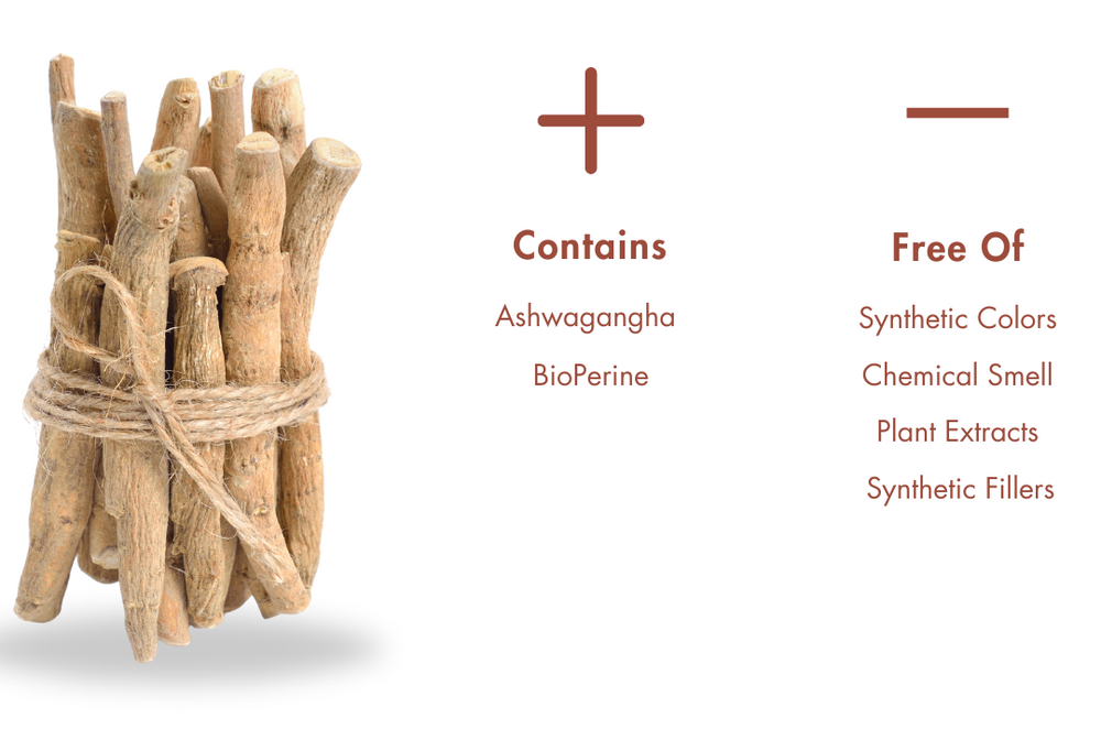 Bundled sticks of Ashwagandha with text indicating ingredients and benefits on a white background