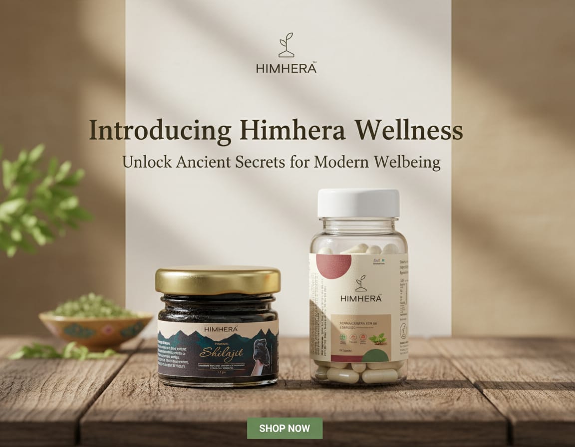 Himhera Wellness products on a wooden surface with a plant in the background