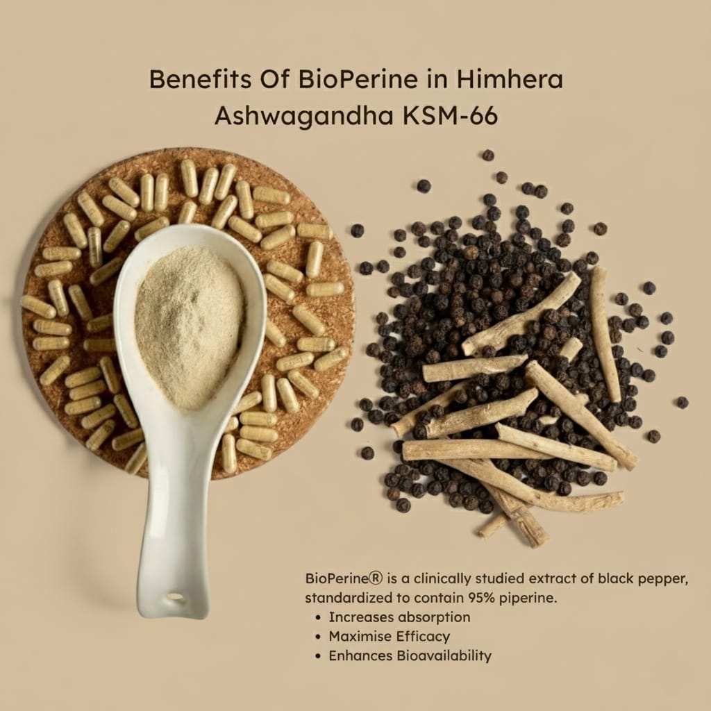 BioPerine in Himhera Ashwagandha KSM-66 with black pepper and ashwagandha roots on a beige background.
